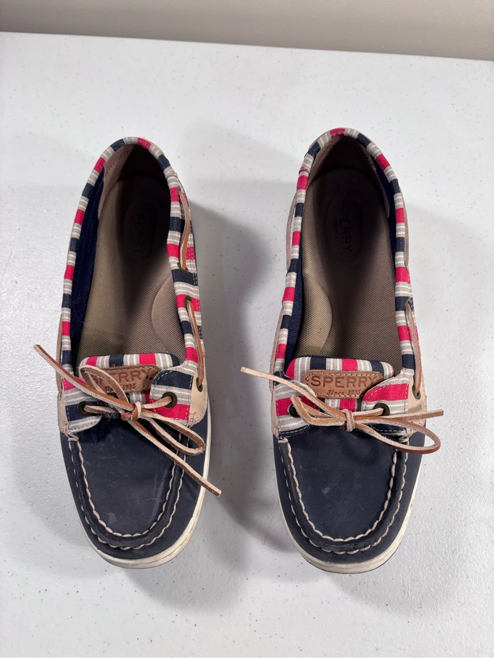 Sperry Navy women’s Boat Shoes with Red & Cream Striped Trim